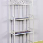 رف حديد مشغول أبيض معتق 4 أرفف خشبية للمطبخ والحمام