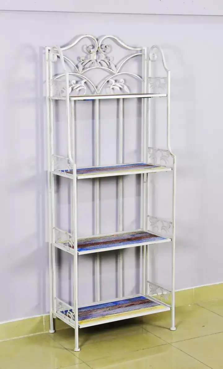رف حديد مشغول أبيض معتق 4 أرفف خشبية للمطبخ والحمام