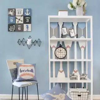 رف خشب أبيض 5 أدوار لغرف الأطفال والشباب رسومات رياضية
