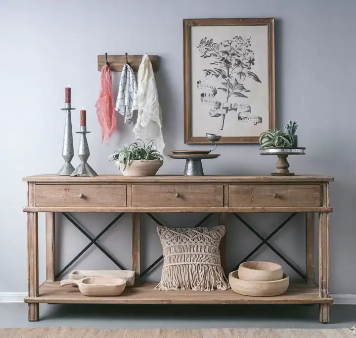 كونسول خشب صنوبر طبيعي 3 أدراج شابي شيك 180 سم