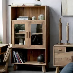 مكتبة منزلية خشبية بأبواب زجاجية من خشب الصنوبر