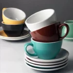 أكواب قهوة سيراميك ملونة مع صحون سعة 200 مل للكابتشينو