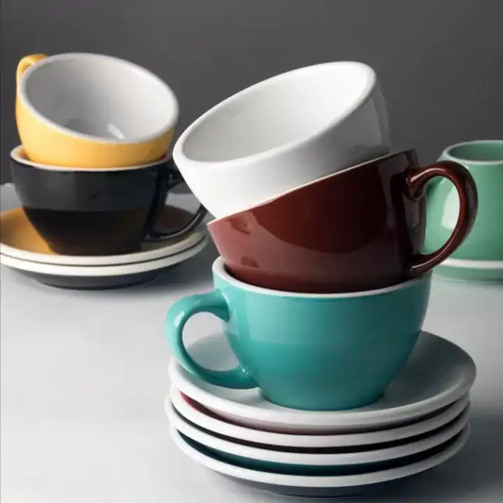أكواب قهوة سيراميك ملونة مع صحون سعة 200 مل للكابتشينو