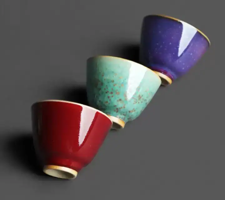 كوب سيراميك صغير بدون مقبض ألوان لامعة أحمر وأزرق وبنفسجي للإسبريسو