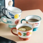 كوب سيراميك كبير 400 مل رسومات زهور واسع للشوربة والكورن فليكس