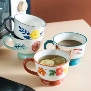 كوب سيراميك كبير 400 مل رسومات زهور واسع للشوربة والكورن فليكس