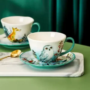 كوب قهوة سيراميك مع صحن رسم بومة بيضاء وحواف خضراء سعة 200 مل