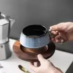 كوب قهوة سيراميك أزرق معتق فوهة واسعة للاتيه سعة 250 مل