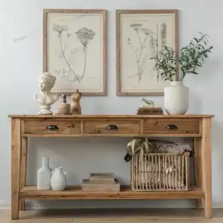 طاولة كونسول خشب صنوبر طبيعي عريض 3 أدراج 160 سم