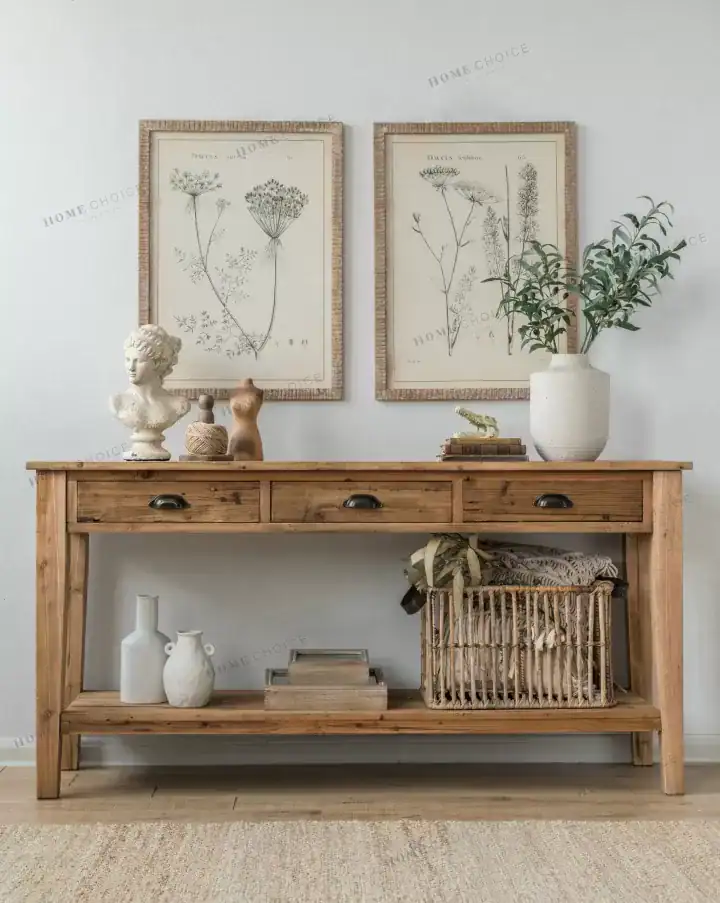 طاولة كونسول خشب صنوبر طبيعي عريض 3 أدراج 160 سم