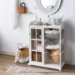 دولاب تخزين خشبي أبيض سلال معدنية وباب زجاج للحمام والغرف