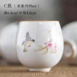 كوب قهوة سيراميك رسم يدوي طائر وزهرة طويل سعة 90 مل