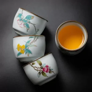 طقم أكواب قهوة بورسلين 4 قطع – رسم يدوي فواكه وزهور 150 مل (تصميم الطبيعة)