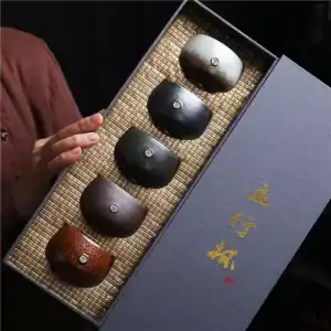 طقم أكواب قهوة بورسلين 5 ألوان معدنية شعار فضي في صندوق هدايا