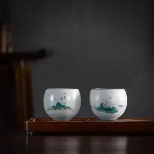 طقم أكواب قهوة بورسلين أبيض رسم مناظر طبيعية سعة 120 مل