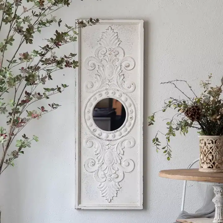 مرايا جدارية خشب مزخرفة أبيض معتق طراز فرنسي