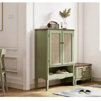 دولاب أحذية أبواب رتان طبيعي - ثلاثة أرفف ورف واسع مفتوح - اللون: أخضر معتق بالأسود - ارتفاع 126 سم،