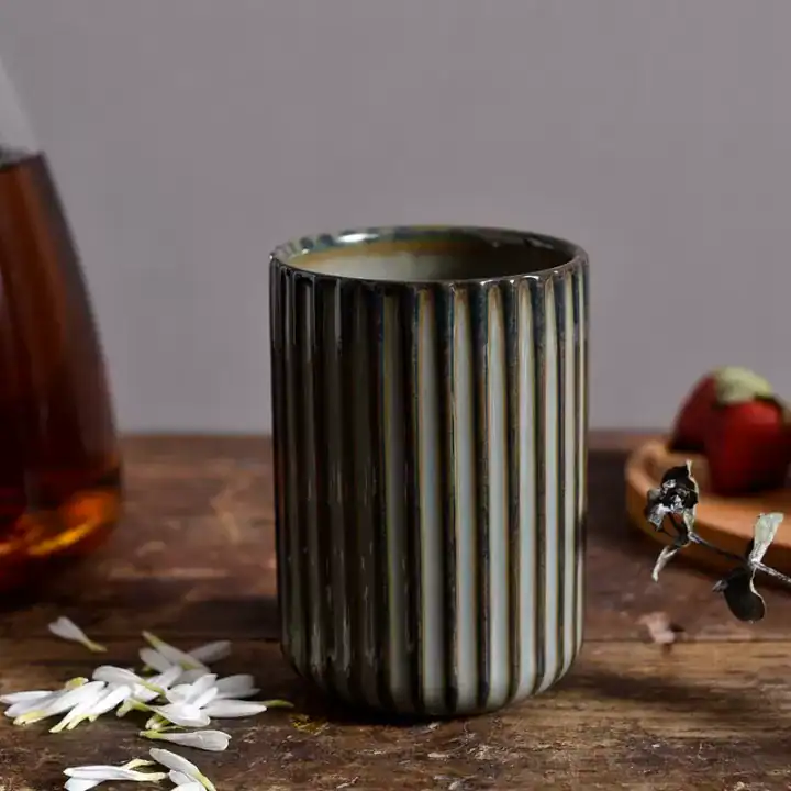 كوب لاتيه سيراميك بدون مسكة لون رمادي داكن مضلع سعة 150 مل