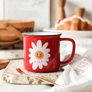 كوب قهوة سيراميك أحمر سعة 400 مل رسمة زهرة مبتسمة