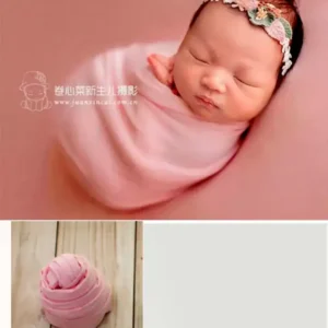 طقم خلفية قماش ستريش باللون الوردي مع تاج ورد رقيق يستخدم للف وتصوير المواليد حديثي الولادة بأسلوب احترافي