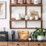 رف خشب جداري دورين لون بني بتصميم هندسي لركن القهوة