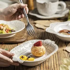 صحن تقديم مستطيل سيراميك نقشة أرنب للمقبلات والحلويات