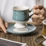 كوب قهوة مع صحن سيراميك أزرق تصميم كلاسيكي مرتفع 260 مل