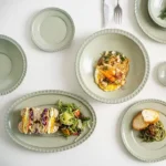 صحن تقديم بيضاوي سيراميك أخضر فاتح حواف لؤلؤية