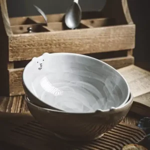 زبدية سلطة سيراميك بيضاء تصميم فيل لطيف وعاء عميق