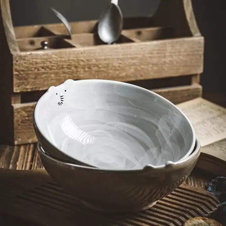 زبدية سلطة سيراميك بيضاء تصميم فيل لطيف وعاء عميق