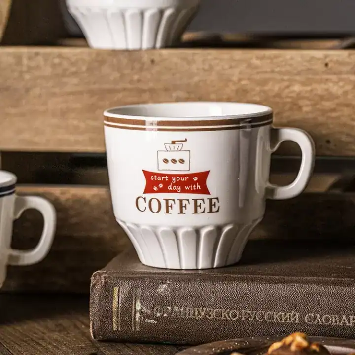 كوب قهوة سيراميك أبيض تصميم فينتج كلاسيكي 275 مل