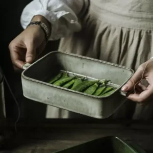 صينية فرن سيراميك مستطيلة تصميم ريفي رمادي مقابض جانبية