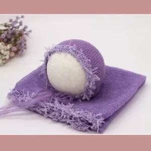 طقم لفة وقبعة صوف موهير لتصوير المواليد لون بنفسجي فاتح لافندر