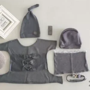 طقم ملابس تصوير مواليد أولاد 6 قطع لون رمادي غامق قميص وقبعة ومخدة