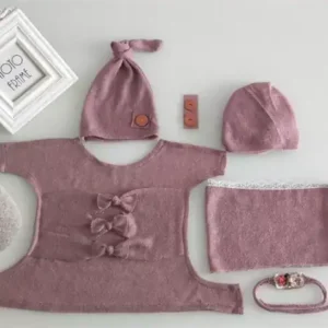 طقم ملابس تصوير مواليد 6 قطع لون وردي غامق قميص وقبعة ومخدة