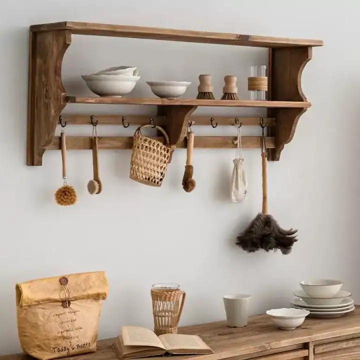 رف ركن قهوة خشب طبيعي مع خطافات تعليق للأكواب