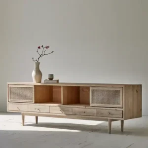 طاولة تلفزيون ارضيه من خشب الصنوبر الطبيعي و الراتان