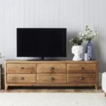 طاولة تلفزيون خشب صنوبر 6 أدراج ومقابض معدنية