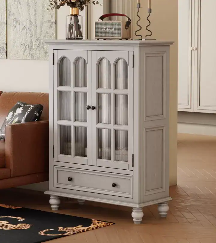 دولاب عرض زجاجي أبيض مقوس أبواب زجاج مموج للكتب والتحف