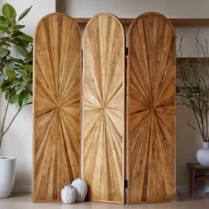 حاجز خشبي صنوبر بني معتق 3 درف قابل للطي