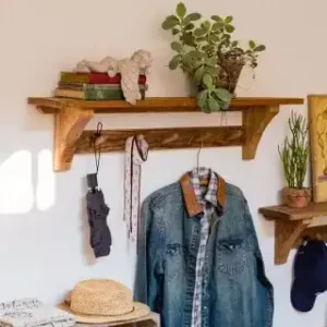 رف خشب طويل 100 سم للمداخل والعبايات مع 5 علاقات