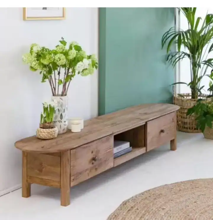 طاولة تلفزيون خشب صنوبر طبيعي تصميم ريفي منخفض درجين