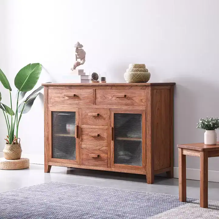 دولاب ريفي من خشب الصنوبر الطبيعي بـ 5 أدراج وأبواب زجاجية مموجة لتنظيم المداخل وبوفيه غرف الطعام