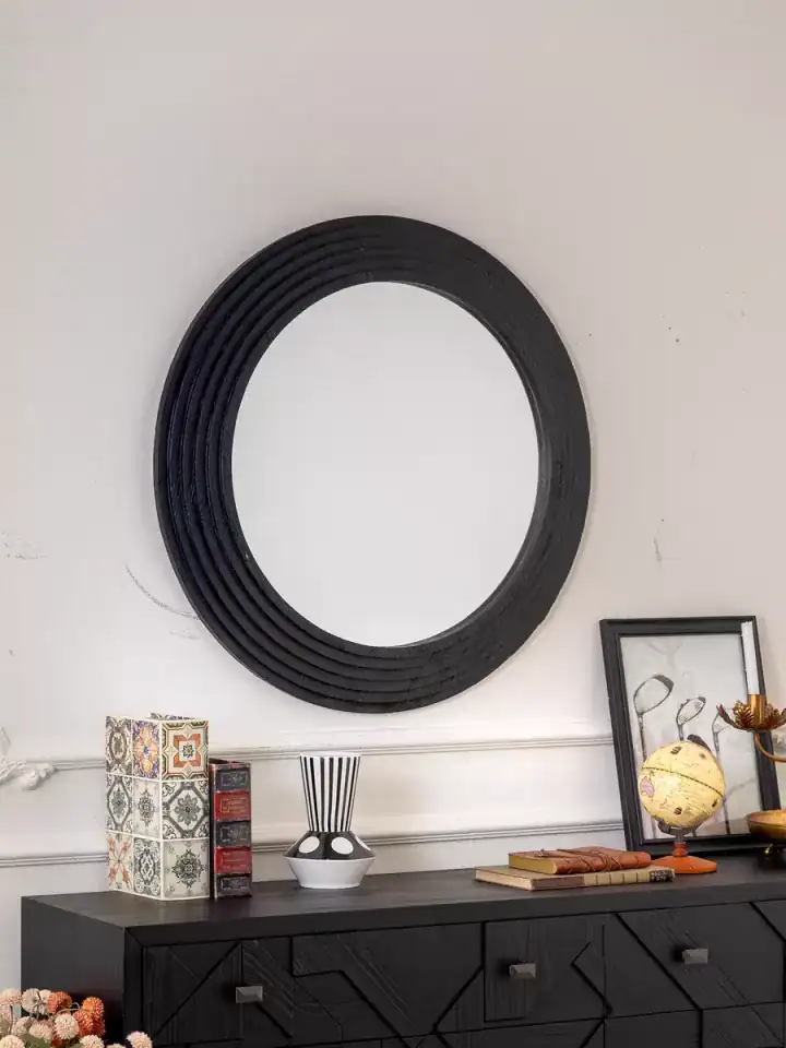 مرايا جدارية سوداء دائرية إطار محفور فخم للمداخل