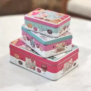 طقم علب معدنية دونات مستطيلة مكون من 3 قطع برسومات كلاسيكية وألوان وردية لتخزين الحلويات والضيافة