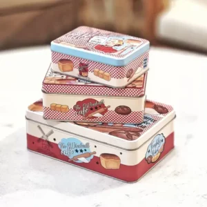 طقم علب كوكيز معدنية مستطيلة مكون من 3 قطع برسومات مخبوزات كلاسيكية وألوان دافئة للتخزين والضيافة