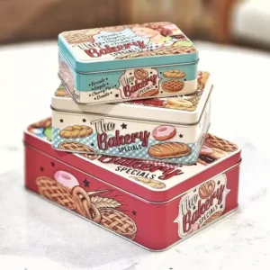 طقم علب كوكيز معدنية مستطيلة مكون من 3 قطع برسومات مخابز كلاسيكية وألوان باستيل لتخزين الحلويات