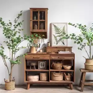 طاولة كونسول ريفية خشب طبيعي بأدراج ورفوف تخزين