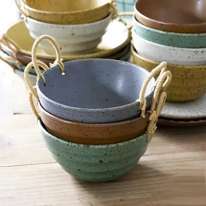 زبدية شوربة سيراميك فانتج مسكات قطنية تقديم دائري