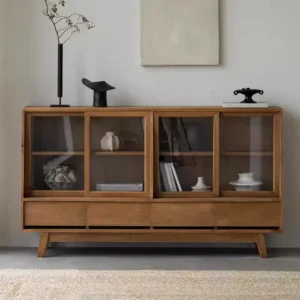 دولاب ريفي من خشب اربعة أدراج و ابواب سحب من الزجاج- مثالي للمداخل أو ركن القهوة أو البوفيه